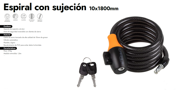 CANDADO BICICLETA ELTIN ESPIRAL CON SUJECION 10X1800 mm